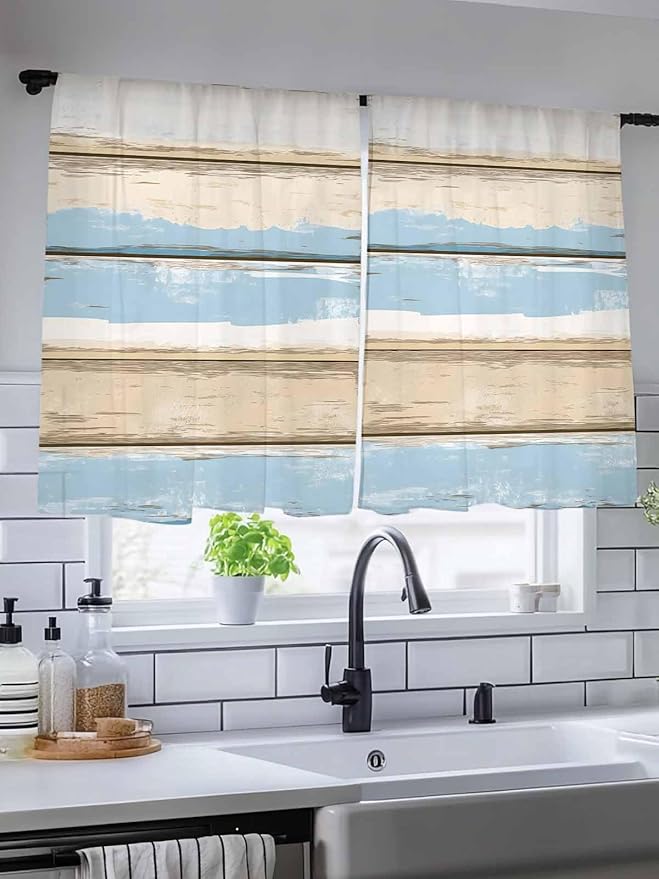 Sheer Curtains 54 Inch Length, Vintage Geometric Blue Semi Sheer Curtains Light Filtering Window Treatment, Abstract Country Shabby Wood Grain Privacy Voile Drapes for Living Room Bedroom 52x54 Inch