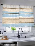 Sheer Curtains 54 Inch Length, Vintage Geometric Blue Semi Sheer Curtains Light Filtering Window Treatment, Abstract Country Shabby Wood Grain Privacy Voile Drapes for Living Room Bedroom 52x54 Inch