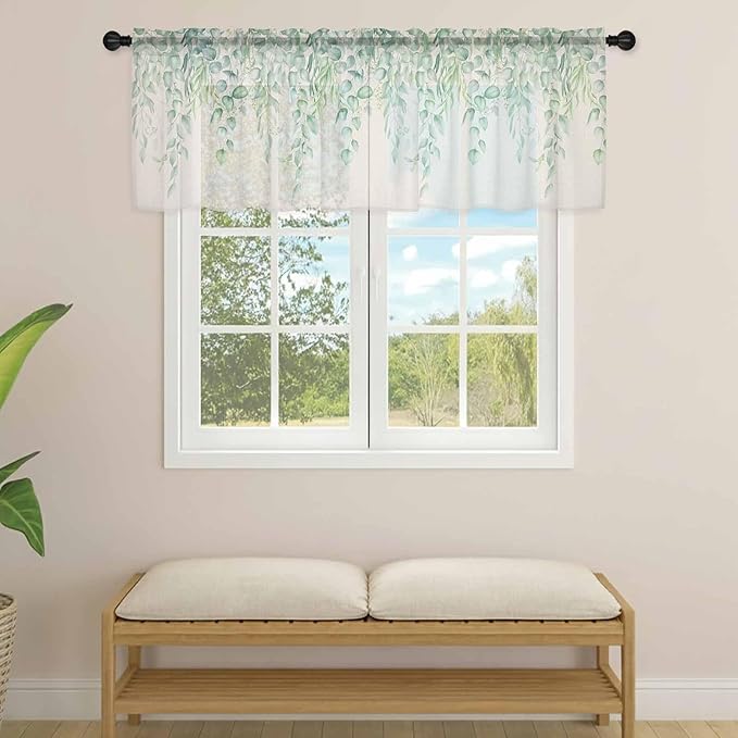 Green Leaf Sheer Valance Curtains, Eucalyptus Leaves Vintage Linen Texture Spring Plant Light Filtering Kitchen Valances Rod Pocket Voile Curtain Treatment for Bedroom/Living Room/Basement 54Wx18L