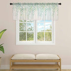 Green Leaf Sheer Valance Curtains, Eucalyptus Leaves Vintage Linen Texture Spring Plant Light Filtering Kitchen Valances Rod Pocket Voile Curtain Treatment for Bedroom/Living Room/Basement 54Wx18L