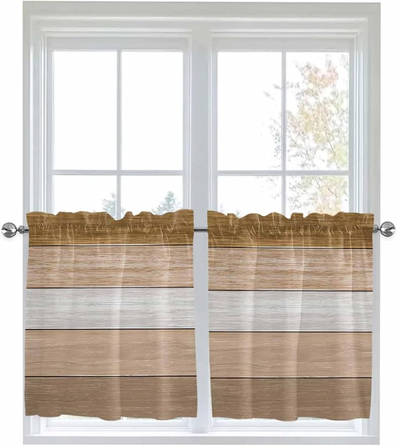 Retro Farm Wood Board Window Valance Curtains, Brown Graduality Striped Light Filtering Kitchen Valance with 3-inch Rod Pocket for Living Room Bathroom Bedroom,2 Panel,27.5x36In