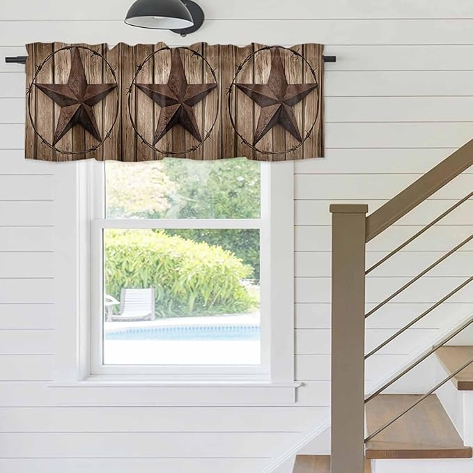Vintage Texas Star Valances for Windows, Brown Wood Grain Wire Kitchen Valance Light Filtering Rod Pocket Short Curtains for Kitchen Bathroom, 1 Panel, 54"x18"