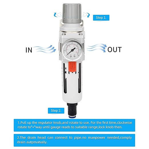 NANPU 3/8" NPT Compressed Air Filter Regulator Combo Piggyback, Auto Drain, 5 Micron Brass Element, Poly Bowl, Metal Bracket, 0-150 psi Gauge