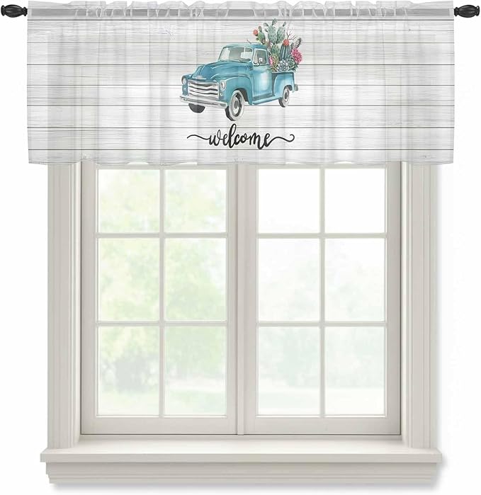 Welcome Sheer Valance Curtains, Summer Car with Cactus Succulents Grey Wood Grain Light Filtering Kitchen Valances Rod Pocket Voile Curtain Window Treatment for Bedroom/Living Room/Basement 60Wx18L