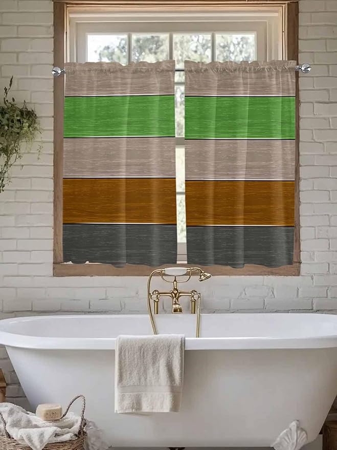 Farm Gray Green Brown Wood Grain Window Valance Curtains, Rustic Wooden Plank Light Filtering Kitchen Valance with 3-inch Rod Pocket for Living Room Bathroom Bedroom,2 Panel,52x54In