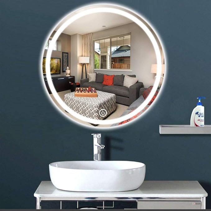 Round Waterproof LED Bathroom Wall Makeup Mirrors with White Light Sensor Touch Control and Demister Pad (Color : with Frame Size : 70cm) (Without Frame 80cm)