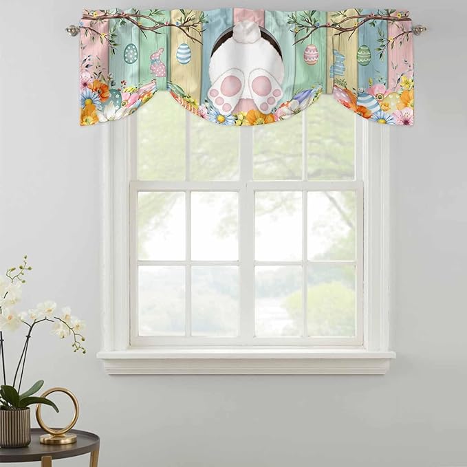 Easter Tie Up Valance Curtains for Windows, Kitchen Curtains Window Shades, Spring Colorful Bunny Eggs Flower Wood Grain Light Filtering Roman Curtain Valances for Bedroom/Bathroom/Cafe 42"x12"