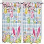 Happy Easter Living Room Curtains 72 Inches length, Spring Watercolor Bunny Eggs Flower Blue Plaid Window Treatment Curtain Drapes, Light Filtering Drapes for Bedroom Laundry Room, 52"x72", 2 Panels