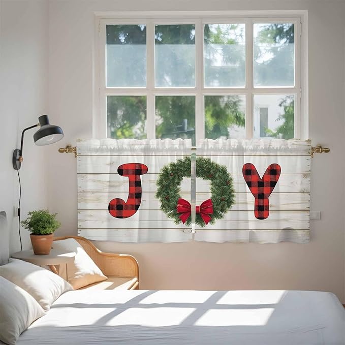 Christmas Wreaths Kitchen Tier Curtains 24 Inch Long 2 Panel Set,Rod Pocket Cafe Small Window Curtains Over Sink,Winter Bow Plaid Farmhouse Wooden Grain Short Drapes for Bathroom Cabinet 27.5"W x 24"L