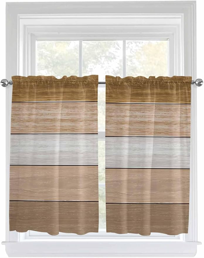 Retro Farm Wood Board Window Valance Curtains, Brown Graduality Striped Light Filtering Kitchen Valance with 3-inch Rod Pocket for Living Room Bathroom Bedroom,2 Panel,27.5x45In