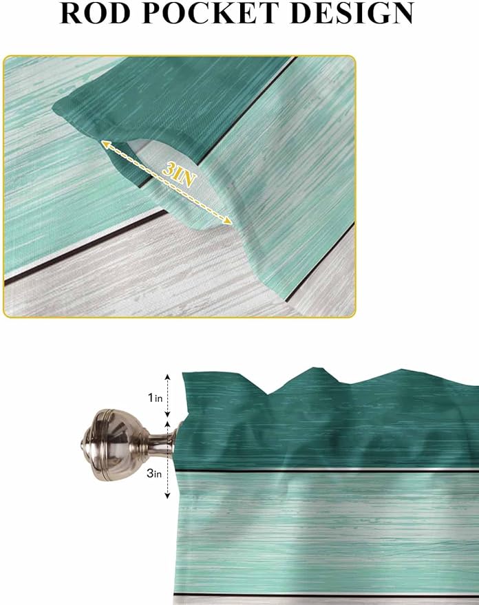 Retro Farm Woodcuts Texture Window Valance Curtains, Green Brown Gradient Light Filtering Kitchen Valance with 3-inch Rod Pocket for Living Room Bathroom Bedroom,2 Panel,27.5x24In