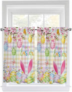 Happy Easter Kitchen Curtains 45 Inches length, Spring Bunny Colorful Eggs Flower Plaid Window Treatment Curtain Drapes, Lightweight Window Panels for Living Room Bedroom, 52"x45", 2 Panels