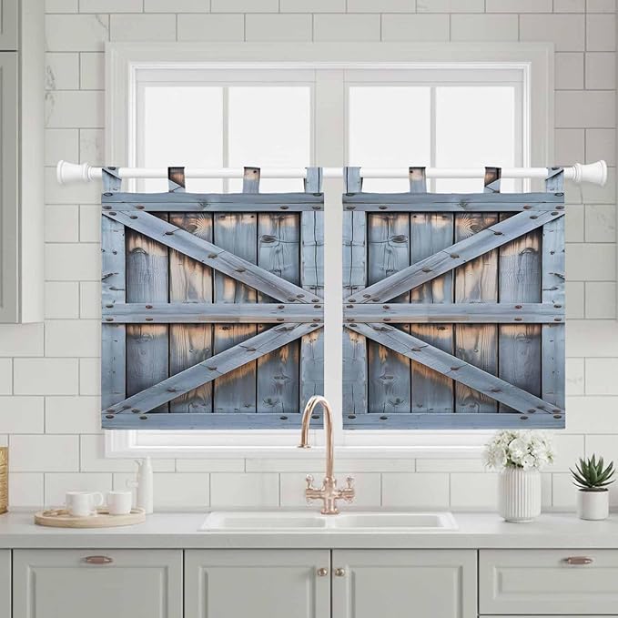 Farmhouse Wood Grain Kitchen Curtains 36 Inch Length, Small Window Curtains Tab Top, Vintage Country Barn Gate Textured Light Filtering Short Window Treatments Tier Drapes 27.5"x36" 2 Panel