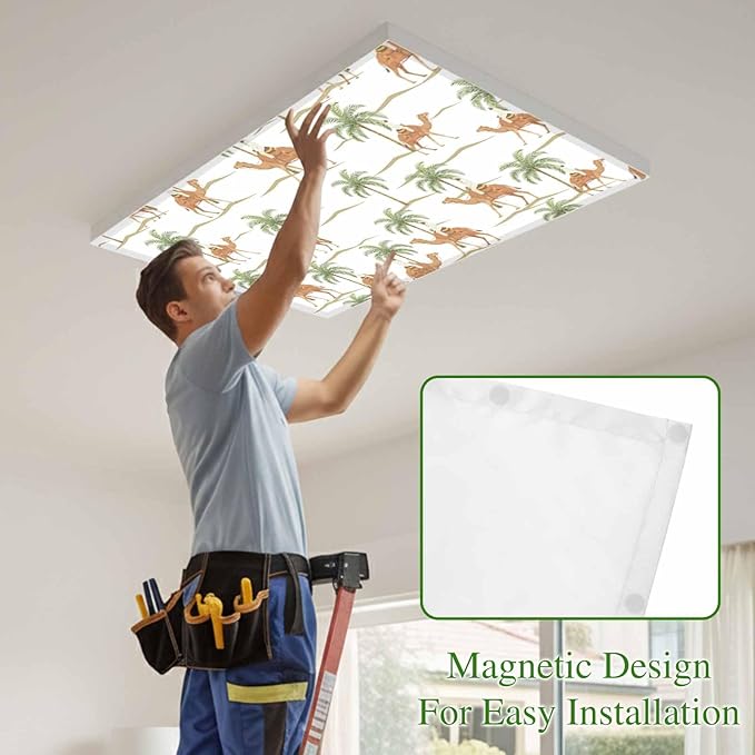 Fluorescent Light Covers for Drop Ceiling Abstract Brown Camels Palm-Trees Magnetic Light Filters, Vintage Deserts Ceiling Shade Filters for Home Classroom Office,2x4 ft,4Packs