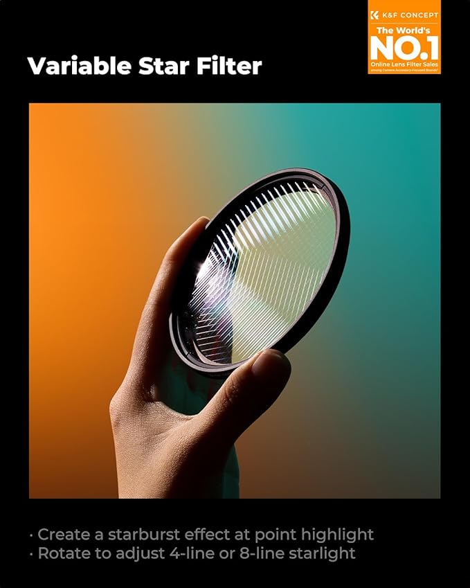 K&F Concept 62mm Variable Star Filter 4, 8 Points Cross Screen Effect-18 Layer Coating Ultra Slim Optical Glass for Camera Lens with 3 Cleaning Cloth