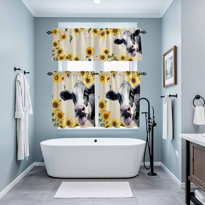 Kitchen Curtains Tiers and Valance Set of 3, Cow Sunflowers Light Filtering Window Curtain Set, Country Vintage Animals Floral Leaves Rod Pocket Curtain Drapes for Cafe, Living Room, 24 Inches Tiers