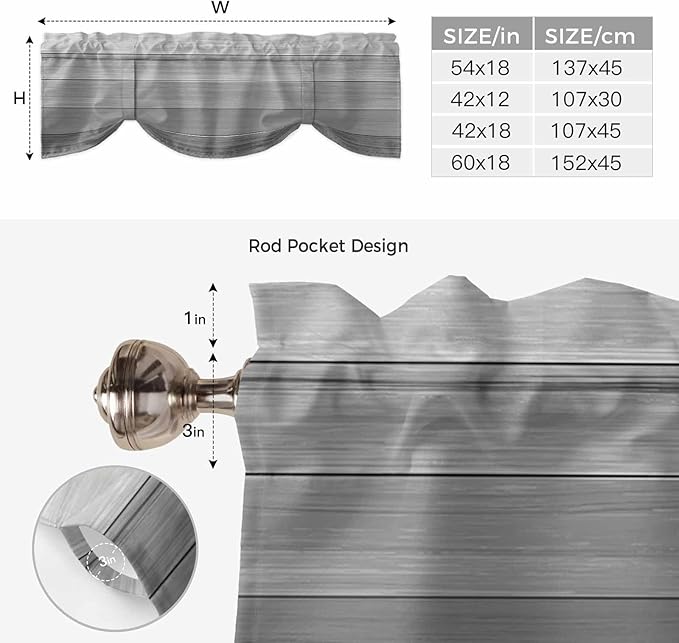 Grey Ombre Wooden Tie Up Valance Curtains for Windows, Kitchen Curtains Window Shades, Farmhouse Retro Gray Wood Gradient Light Filtering Roman Curtain Valances for Bedroom/Bathroom/Cafe 42"x18"