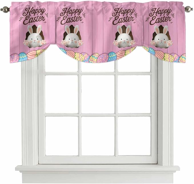 Pink Easter Tie Up Valance Curtains for Windows,Kitchen Curtains Window Shades,Easter Bunny Eggs Spring Cartoon Farmhouse Wood Grain Light Filtering Curtain Valances for Bedroom/Bathroom/Cafe 42"x12"