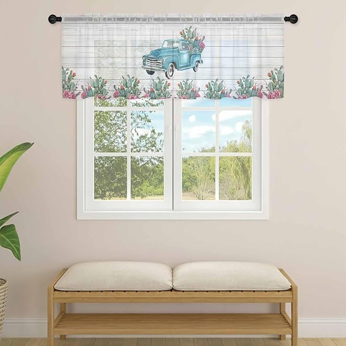 Farmhouse Sheer Valance Curtains, Summer Blue Car with Cactus Succulents Wood Grain Light Filtering Kitchen Valances Rod Pocket Voile Curtain Window Treatment for Bedroom/Living Room/Basement 54Wx18L