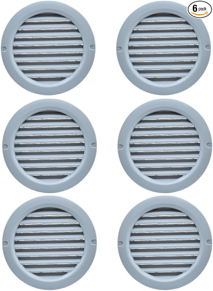 VENTS-US - 4" Round Plastic Light Gray Vent Cover with Built-in Insect Screen and Flange for Air Supply or Exhaust Air Applications - Compatible with a 4 Inch Duct Diameter (6-Pack)