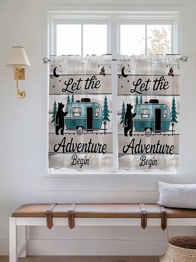 Farmhouse Bear Camper Van Tree Window Valance Curtains, Vintage Wood Grain Light Filtering Kitchen Valance with 3-inch Rod Pocket for Living Room Bathroom Bedroom,2 Panel,42x54In