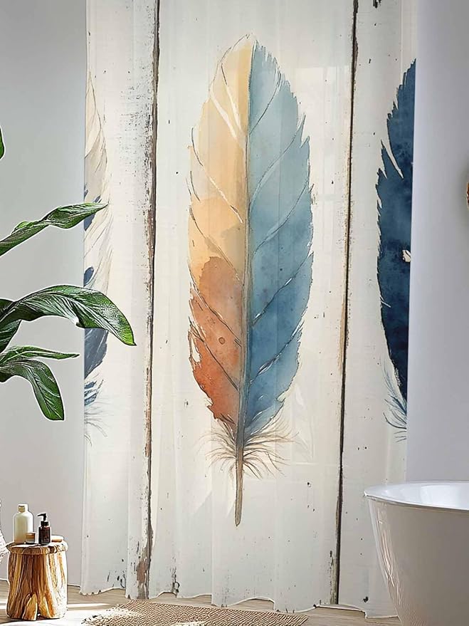 Sheer Curtains 96 Inches Long, Blue Brown Feathers Semi Sheer Curtains Light Filtering Window Treatment, Boho Ombre Vintage Wooden Grain Privacy Voile Drapes for Living Room Bedroom 52x96 Inch