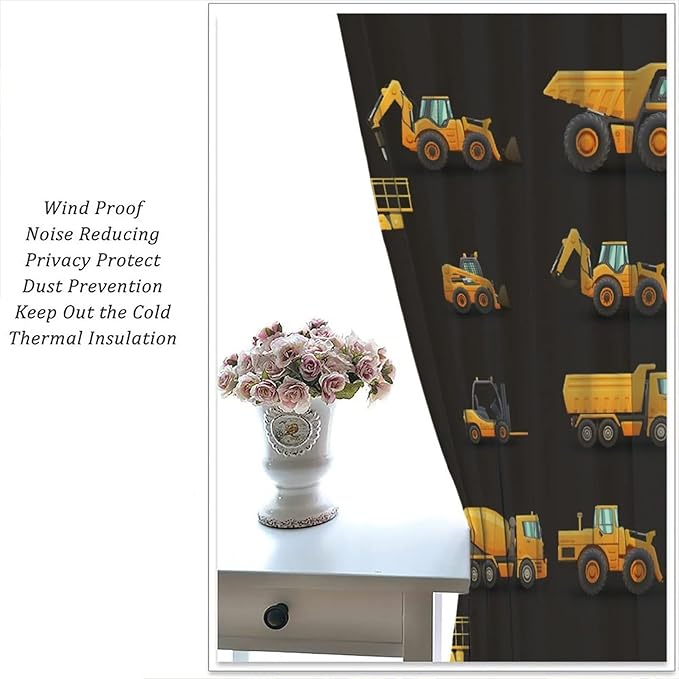 Kids Construction Window Curtains, Construction Machinery Equipment Mode of Transport Bulldozer Tractor Windows Curtain for Children Teens Room Decor 42x45in (30% Blackout)