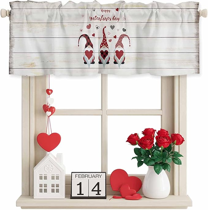 Happy Valentine's Valance Curtains for Kitchen, Day Gnomes Love Heart on Rustic Wood Grain Privacy Rod Pocket Valance Curtain, Light-Filtering Window Treatment for Bedroom Bathroom, 42"x18"