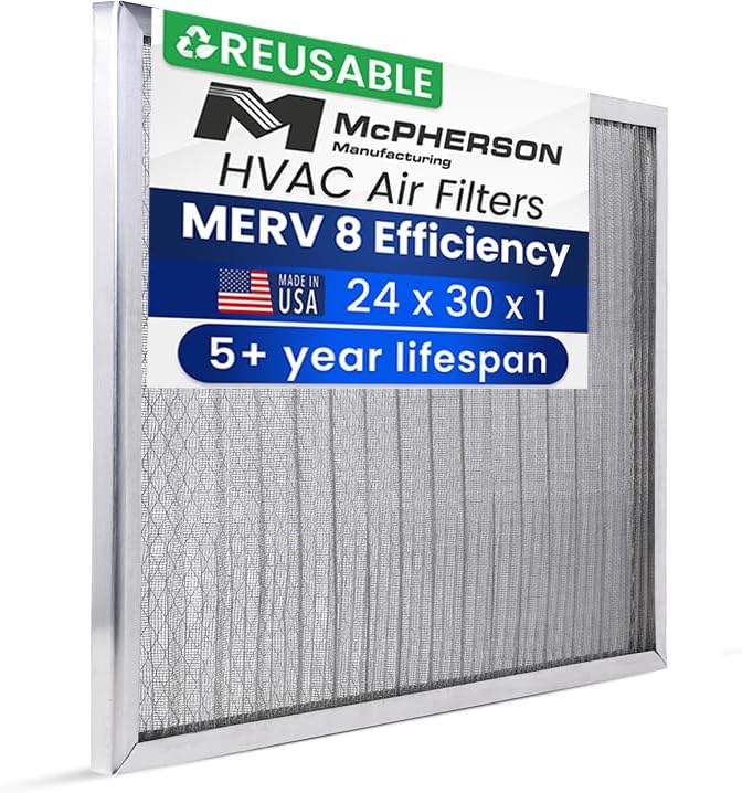 McPherson Reusable Air Filter 24x30x1 | Washable MERV 8 | Made in USA Metal Frame | HVAC AC Furnace | Permanent | Pet Dust Filtration