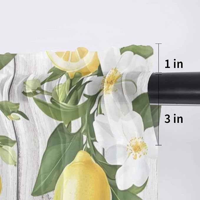 Spring Summer Lemon Sheer Valance Curtains, Leaf Flower White Wood Grain Light Filtering Kitchen Valances Rod Pocket Voile Curtain Window Treatment for Bedroom/Living Room/Basement 42Wx18L