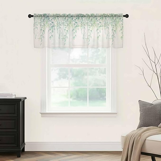 Green Leaf Sheer Valance Curtains, Eucalyptus Leaves Vintage Linen Texture Spring Plant Light Filtering Kitchen Valances Rod Pocket Voile Curtain Treatment for Bedroom/Living Room/Basement 54Wx18L