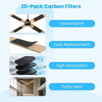 20pcs Coconut Carbon Ceiling Fan Filters for Blades, Easy-Stick Strong Fixity Activated Filter Pad for Ceiling Fan, Universal Fit Carbon Fan Blade Filters for Cleaner Air, Black