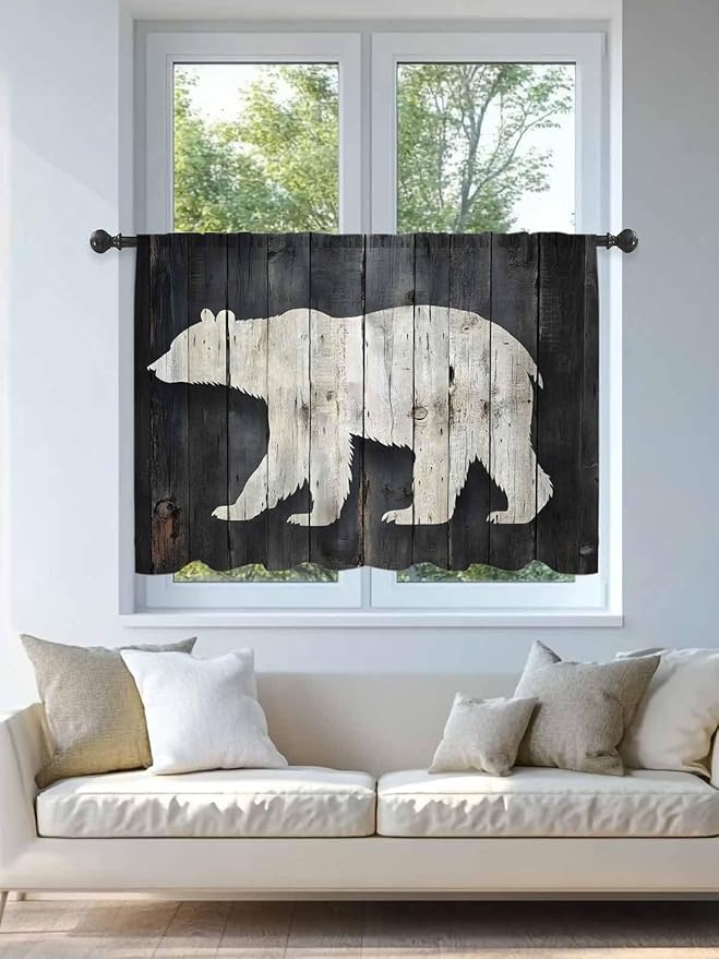 Sheer Curtains 45 Inch Length, White Brown Bear Semi Sheer Curtains Light Filtering Window Treatment, Rustic Counrty Vintage Wood Grain Privacy Voile Drapes for Living Room Bedroom 52x45 Inch