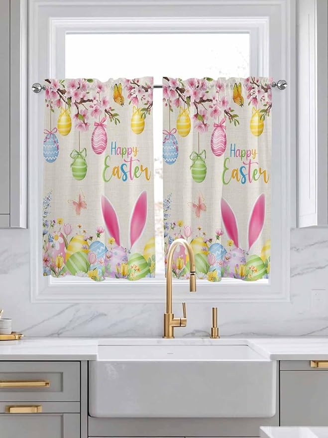 Happy Easter Kitchen Curtains 45 Inches length, Spring Farmhouse Bunny Eggs Flower Beige Window Treatment Curtain Drapes, Lightweight Window Panels for Living Room Bedroom, 52"x45", 2 Panels