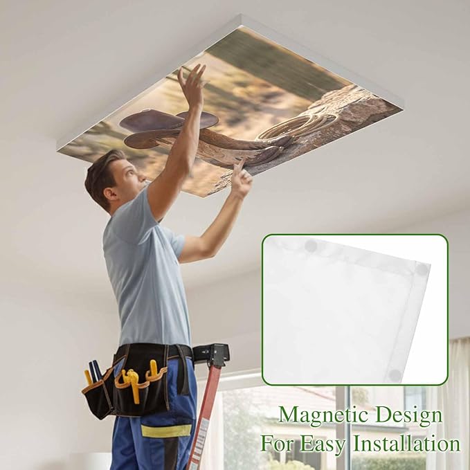 Fluorescent Light Covers, Cowboy Western Magnetic Light Covers for Ceiling Lights, Cowboy Hats Boots Desert Cacti Vintage Fluorescent Ceiling Shade Filters for Classroom Bedroom Office 4x2Ft x 4PCS