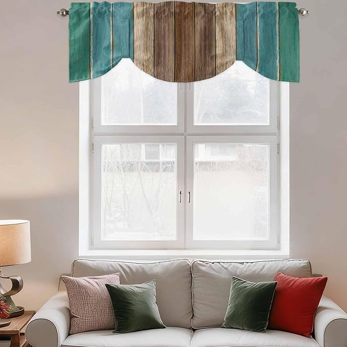 Teal Blue Brown Tie Up Valance Curtains for Windows, Kitchen Curtains Window Shades, Farmhouse Retro Wooden Grain Stripes Light Filtering Roman Curtain Valances for Bedroom/Bathroom/Cafe 60"x18"
