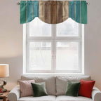 Teal Blue Brown Tie Up Valance Curtains for Windows, Kitchen Curtains Window Shades, Farmhouse Retro Wooden Grain Stripes Light Filtering Roman Curtain Valances for Bedroom/Bathroom/Cafe 42"x12"