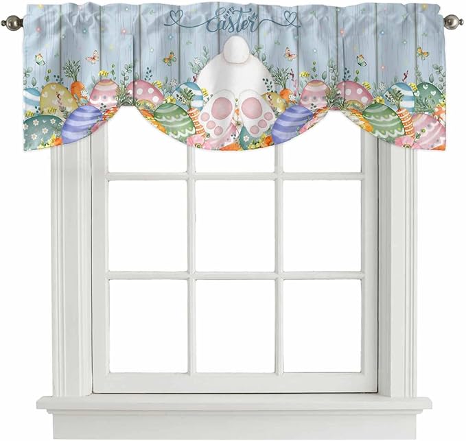 Spring Easter Tie Up Valance Curtains for Windows, Kitchen Curtains Window Shades, Rabbit Ears Foot Colorful Eggs Wooden Plank Light Filtering Roman Curtain Valances for Bedroom/Bathroom/Cafe 60"x18"