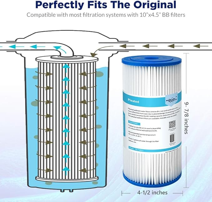 Membrane Solutions 50 Micron Pleated Water Filter Home 10"x4.5" Whole House Heavy Duty Sediment Replacement Cartridge Compatible with ECP10-1,ECP20-BB,R50-BBSA,FXHSC,CB1-SED10-BB (4 Pack)