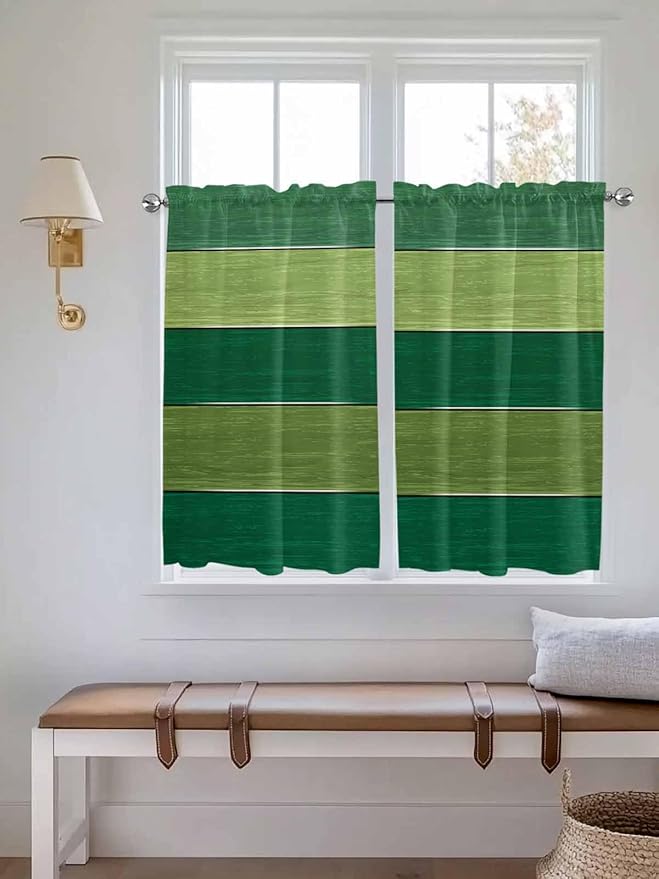 Farm Retro Green Wood Grain Window Valance Curtains, Rustic Wooden Plank Texture Light Filtering Kitchen Valance with 3-inch Rod Pocket for Living Room Bathroom Bedroom,2 Panel,42x45In