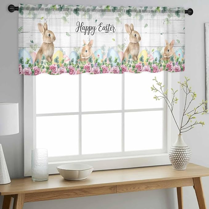 Easter Sheer Valances for Windows 42"x12", Light Filtering Kitchen Curtains Valance, Spring Watercolor Bunny Eggs Flower Leaf Wooden Grey Rod Pocket Chiffon Curtains for Living Room Bedroom Cafe
