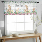 Easter Sheer Valances for Windows 60"x18", Light Filtering Kitchen Curtains Valance, Spring Watercolor Bunny Eggs Flower Leaf Wooden Grey Rod Pocket Chiffon Curtains for Living Room Bedroom Cafe