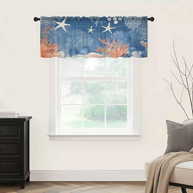 Ocean Corals Sheer Valance Curtains, Summer Beach Coral Sea Stars Dark Blue Light Filtering Kitchen Valances Rod Pocket Voile Curtain Window Treatment for Bedroom/Living Room/Basement 42Wx12L