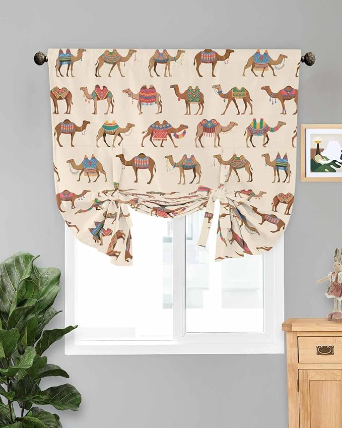 Tie Up Curtains for Windows, Summer Camels Adjustable Balloon Nature Linen Textured Kitchen Curtain, Farmhouse Retro Cartoon Desert Animals Privacy Curtains Balloon Blind for Cafe, 42 x 63 Inches