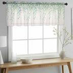 Green Leaf Sheer Valance Curtains, Eucalyptus Leaves Vintage Linen Texture Spring Plant Light Filtering Kitchen Valances Rod Pocket Voile Curtain Treatment for Bedroom/Living Room/Basement 42Wx12L