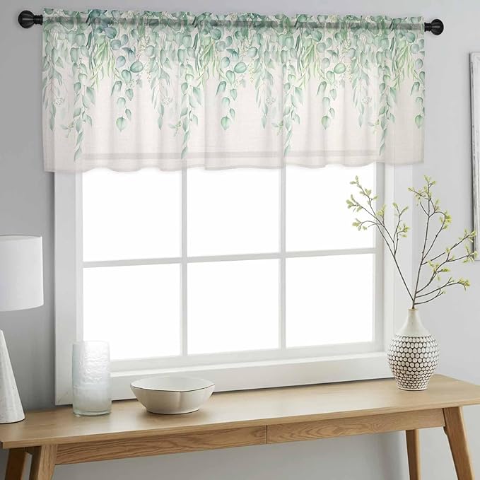 Green Leaf Sheer Valance Curtains, Eucalyptus Leaves Vintage Linen Texture Spring Plant Light Filtering Kitchen Valances Rod Pocket Voile Curtain Treatment for Bedroom/Living Room/Basement 42Wx12L