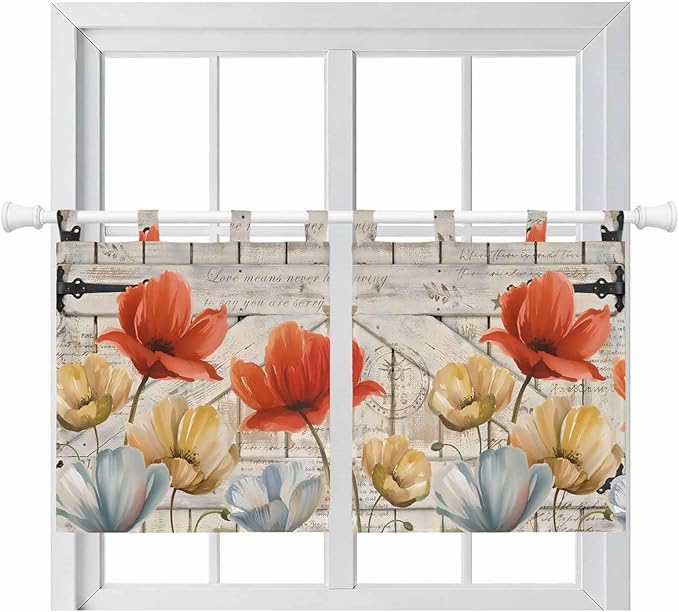Retro Floral Kitchen Curtains 36 Inch Length, Small Window Curtains Tab Top, Red Yellow Tulips Barm Doors Farmhouse Wooden Light Filtering Short Window Treatments Tier Drapes 27.5"x36" 2 Panel