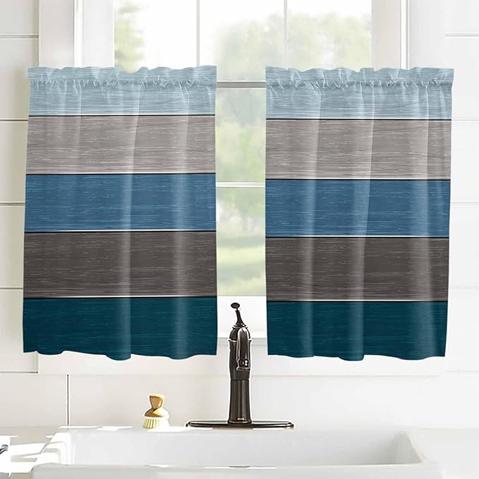 Retro Farm Blue Gray Wood Grain Window Valance Curtains, Rustic Wooden Plank Light Filtering Kitchen Valance with 3-inch Rod Pocket for Living Room Bathroom Bedroom,2 Panel,27.5x45In
