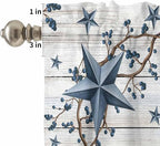 Kitchen Curtains Tiers and Valance Set of 3, Farmhouse Light Filtering Window Curtain Set, Blue Country Texas Star Vintage Berries Wooden Rod Pocket Curtain Drapes for Living Room, 24 Inches Tiers