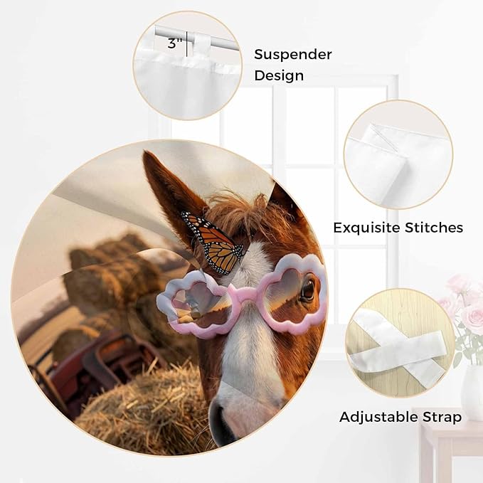 Farm Horses Kitchen Curtains 24 Inch Length, Small Window Curtains Tab Top, Farmhouse Barn Funny Animals Butterfly Light Filtering Short Window Treatments Tier Drapes 27.5"x24" 2 Panel